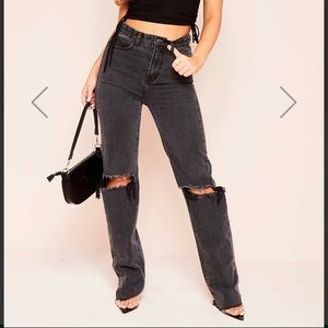 Black ripped knee distressed straight leg jean